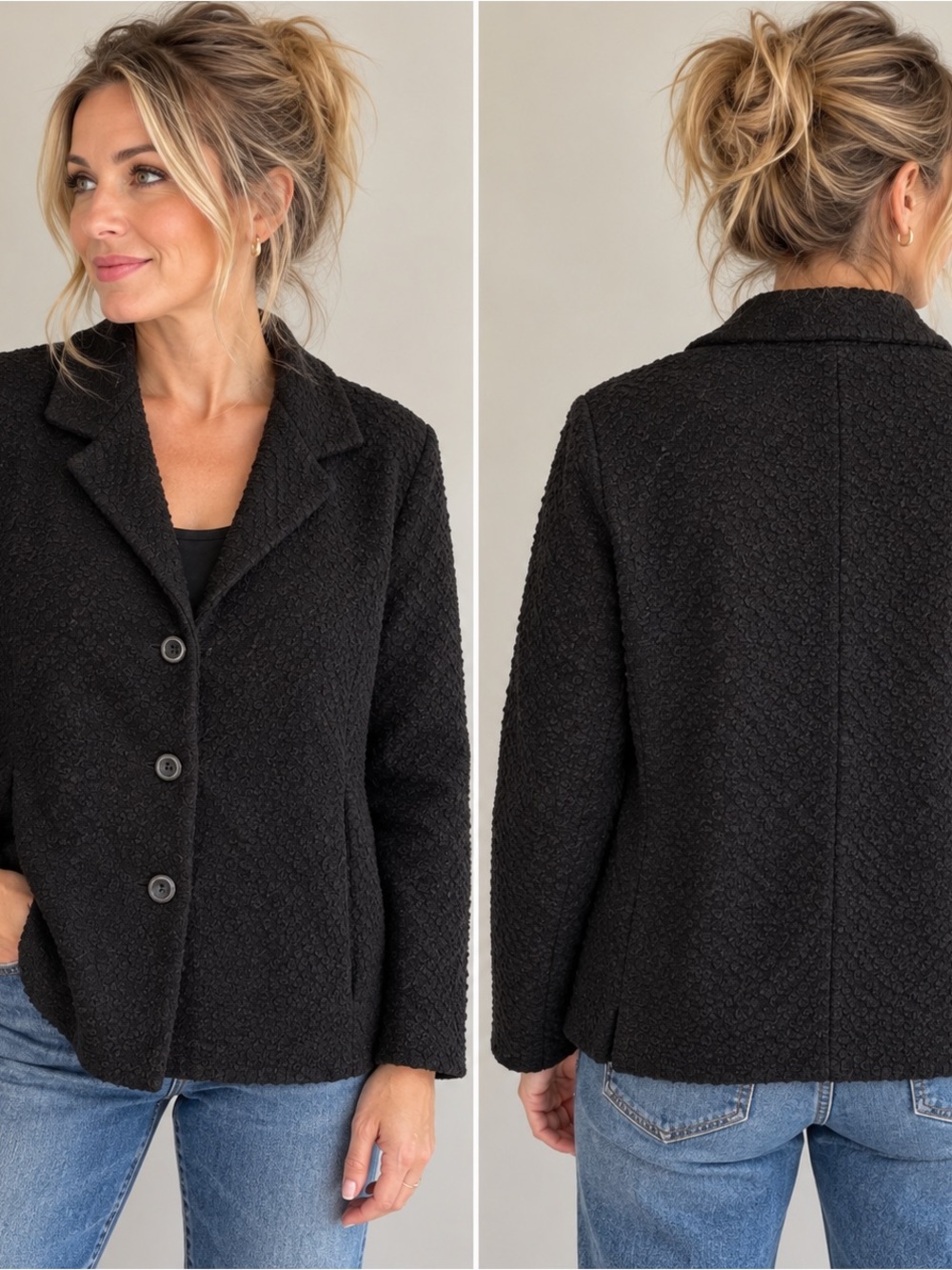 Eileen Fisher Womens Large Black Textured Knit Jacket Blazer Stretch